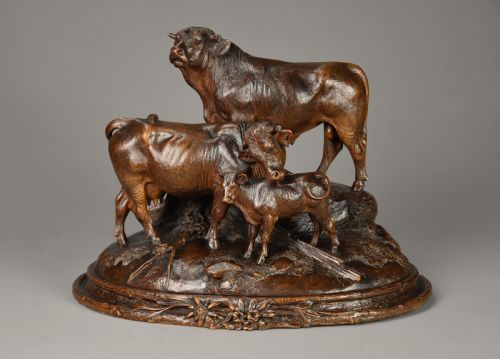 Finely Carved Late 19th Century Black Forest Linden Wood Cattle Group, Stamped ‘J Huggler’