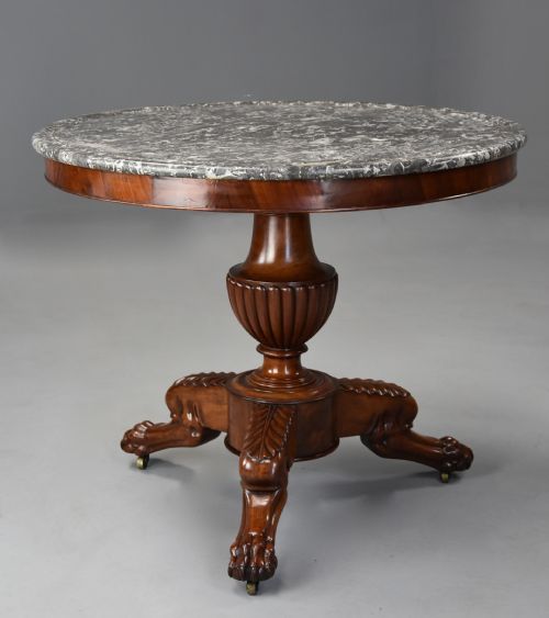 Fine Quality 19thc French Mahogany Gueridon Table with Original Veined Marble Top