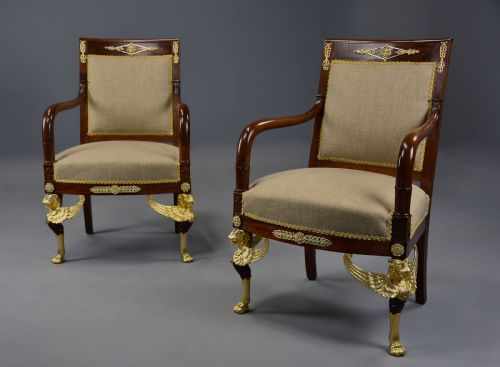 Pair of Highly Decorative Late 19thc French Mahogany Open Armchairs (Fauteuils) in the Empire Style