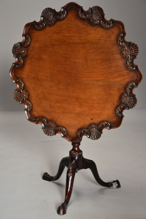 fig 1. A late 19th-century mahogany tilt-top table featuring a raised piecrust rim with carved shell details and a tripod base with claw-and-ball feet.