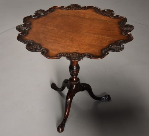 fig 3. A late 19th-century mahogany tilt-top table featuring a raised piecrust rim with carved shell details and a tripod base with claw-and-ball feet.