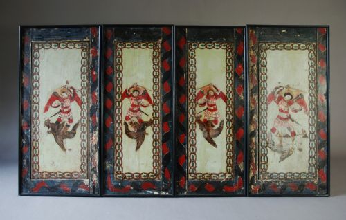 Set of Twelve Highly Decorative 18thc Naively Painted Pine Panels Depicting St Michael