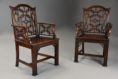 Superb Rare Pair of Mid 18th Century Chinese Chippendale Mahogany Open Armchairs of Fine Patina