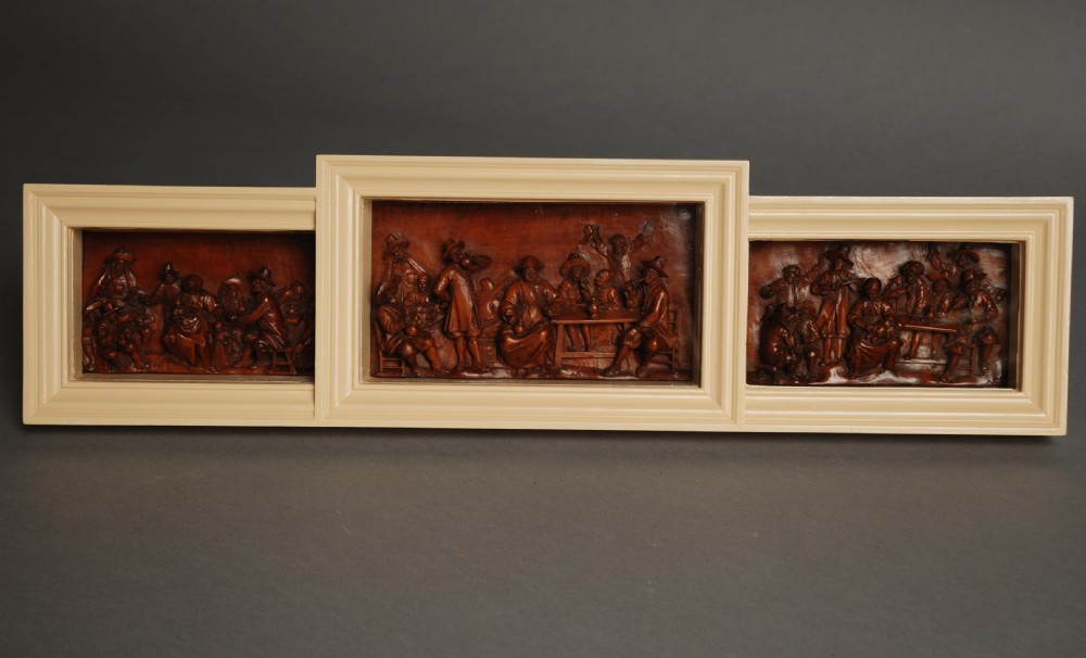 Mid 19thc Flemish carved fruitwood tryptic of tavern scenes of fine quality, signed 'AS'