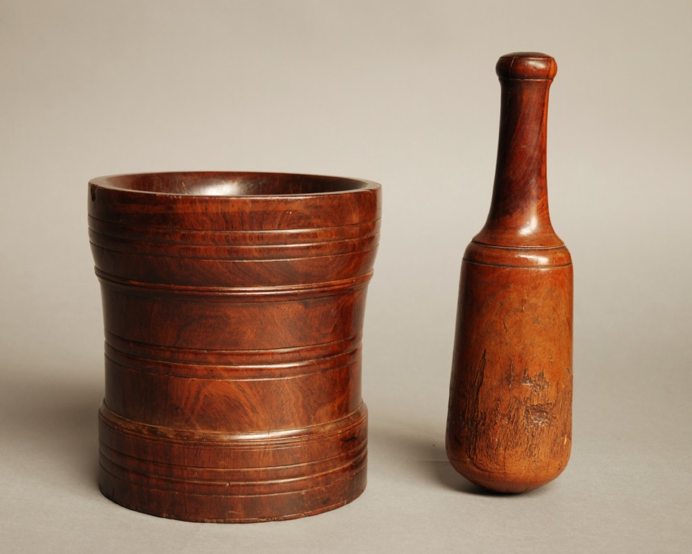 Early 18thc lignum vitae pestle & mortar