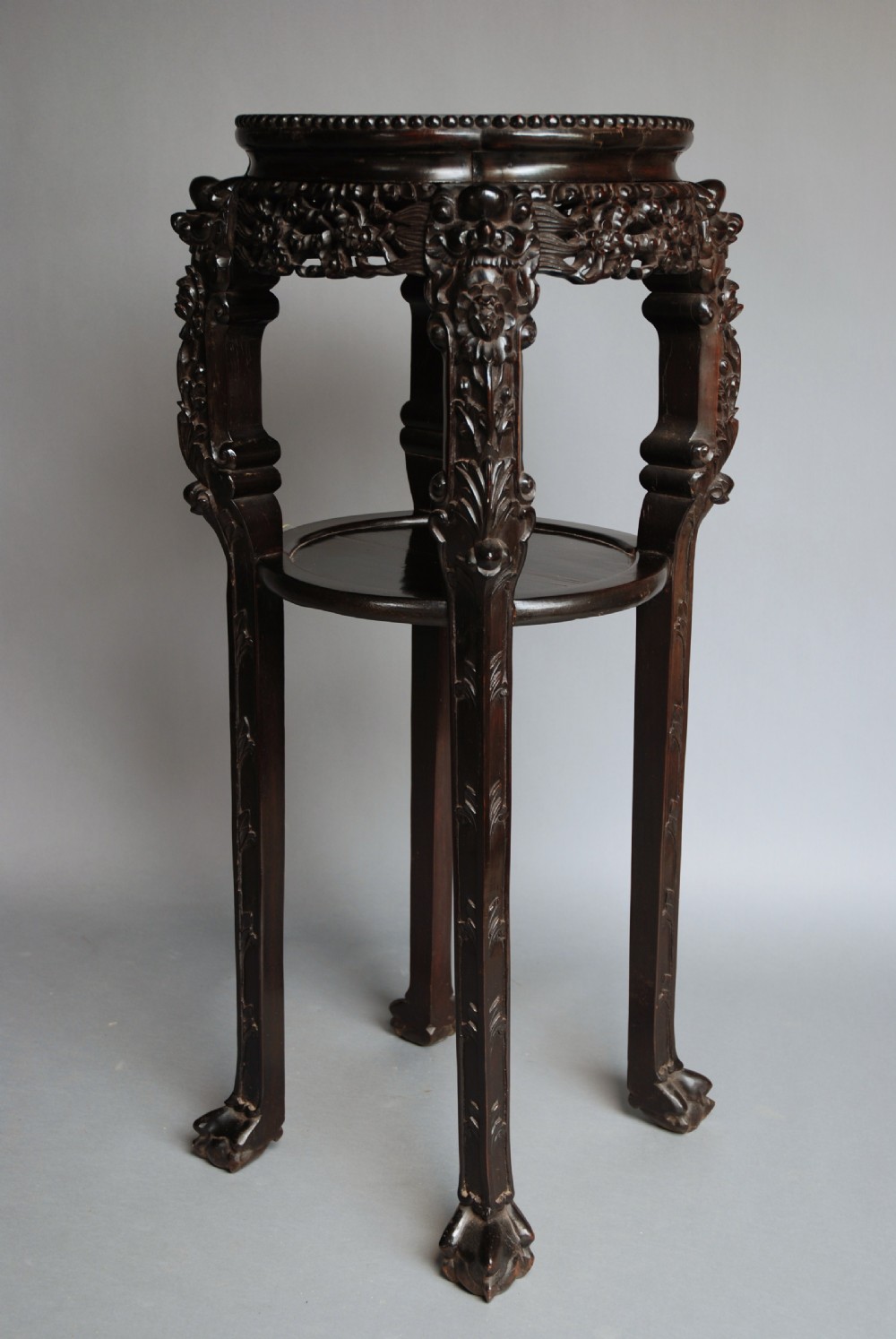 Late 19thc Chinese hardwood pot stand with marble insert