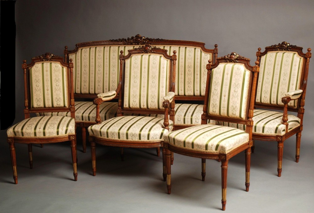 Superb quality French 5 piece carved walnut & parcel-gilt salon suite in the Louis XVI style