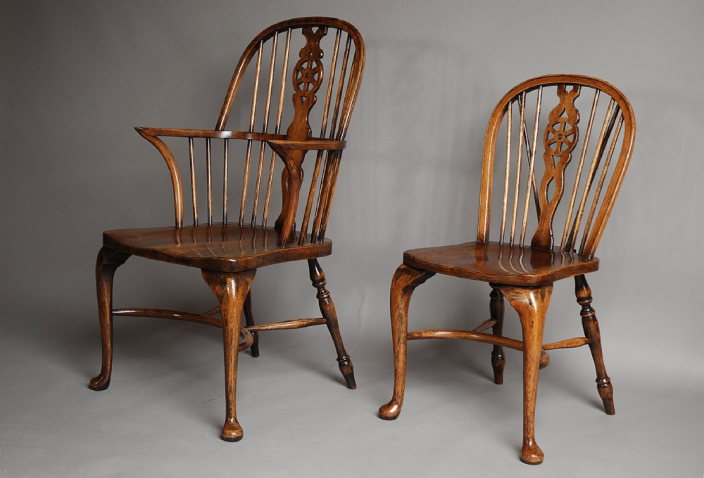 Set of eight ash & beech wheelback windsor chairs