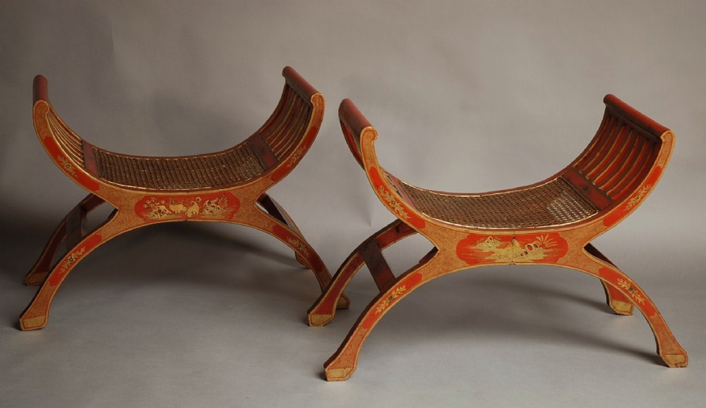 Pair of x-frame red lacquered Chinoiserie stools