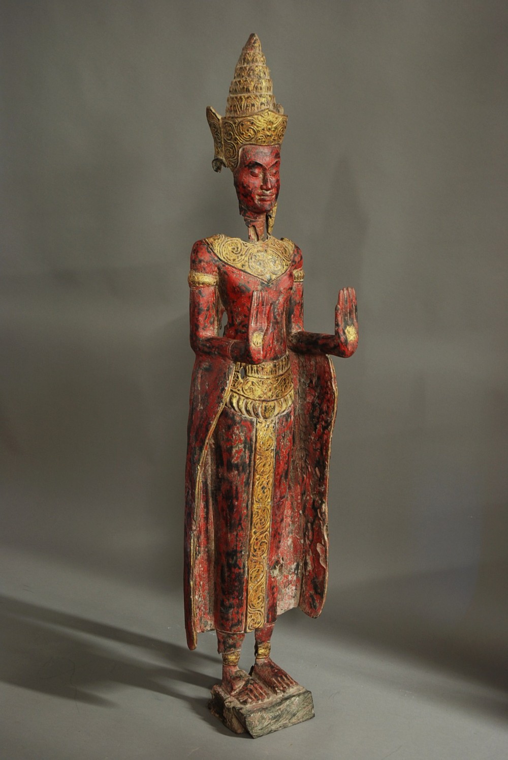 South Asian polychrome carved wooden Buddha
