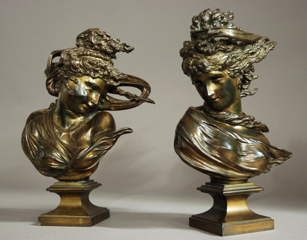 Pair of Art Nouveau bronzes of windswept young ladies, signed Saibas