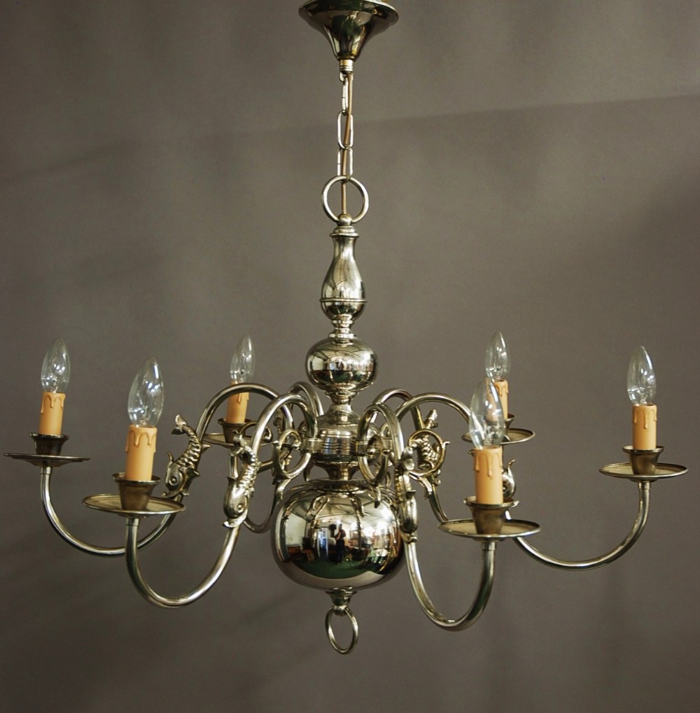 Chromed Dutch Baroque six branch brass chandelier