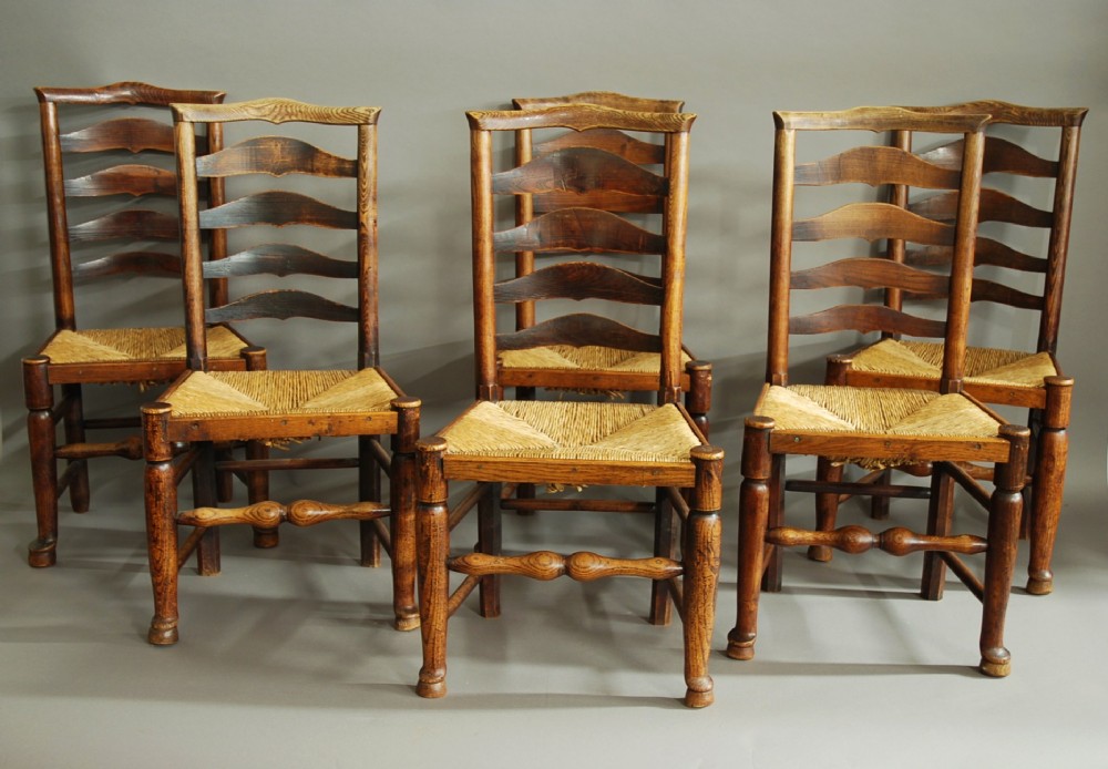 Set of six 19th century ash ladder back chairs from the Billinge, Lancashire area