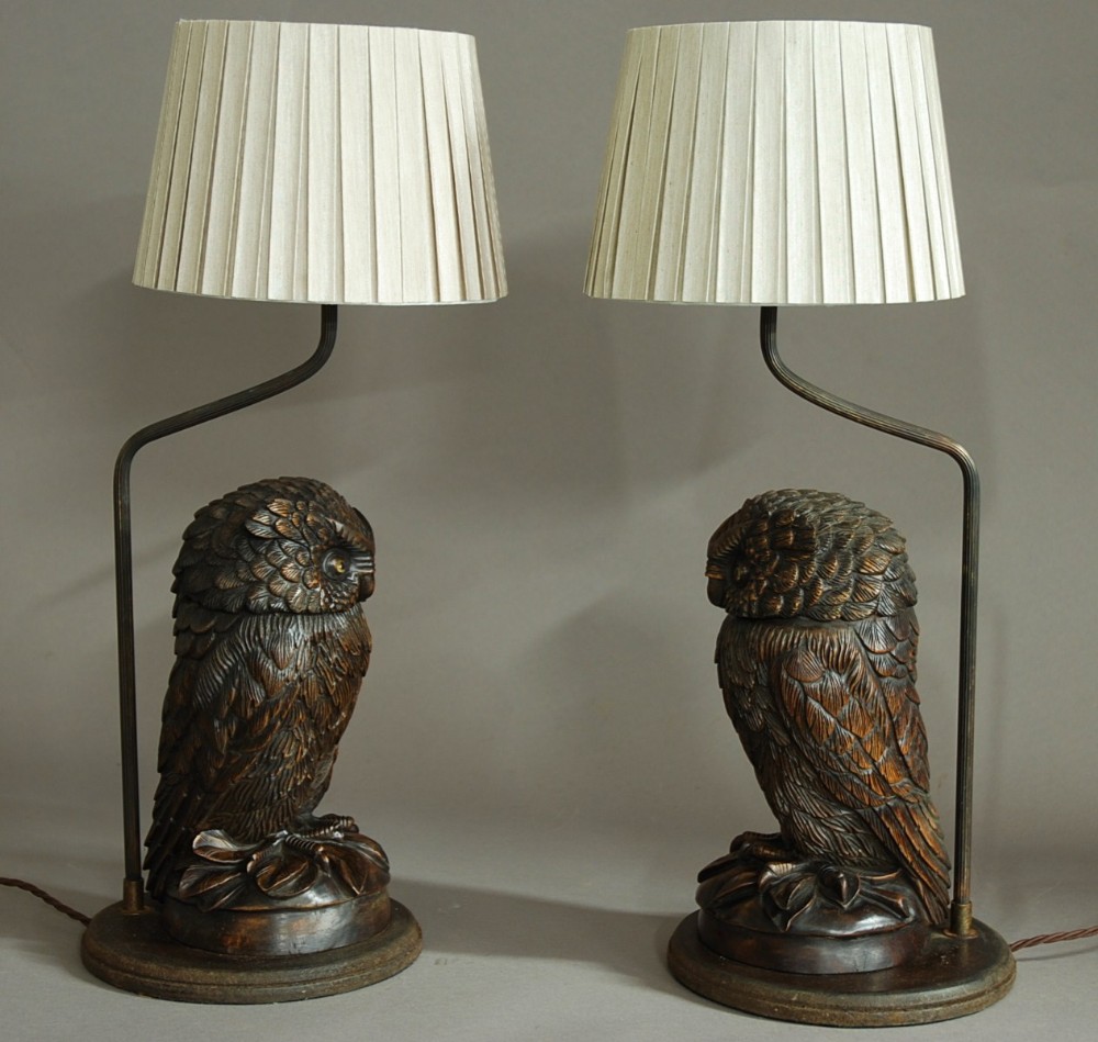Superb pair of finely carved Black Forest owl table lamps