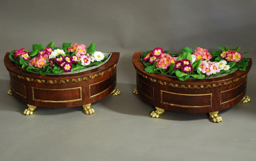 Pair of decorative 19th century mahogany jardinieres of demilune form