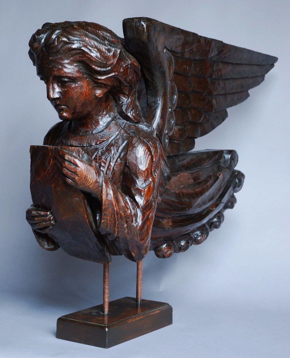 Continental highly decorative 17thc & later finely carved pine Angel