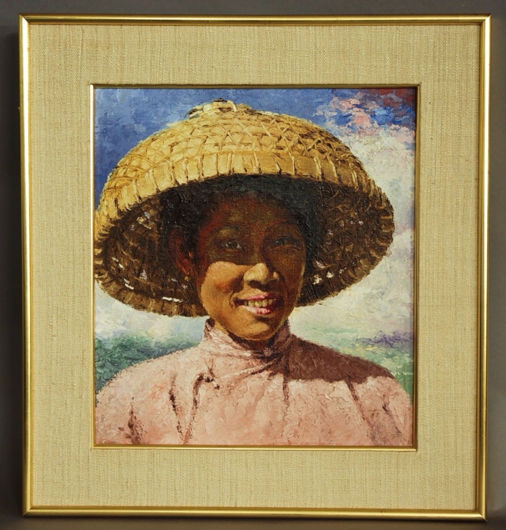 Oil painting of Chinese lady wearing bamboo hat