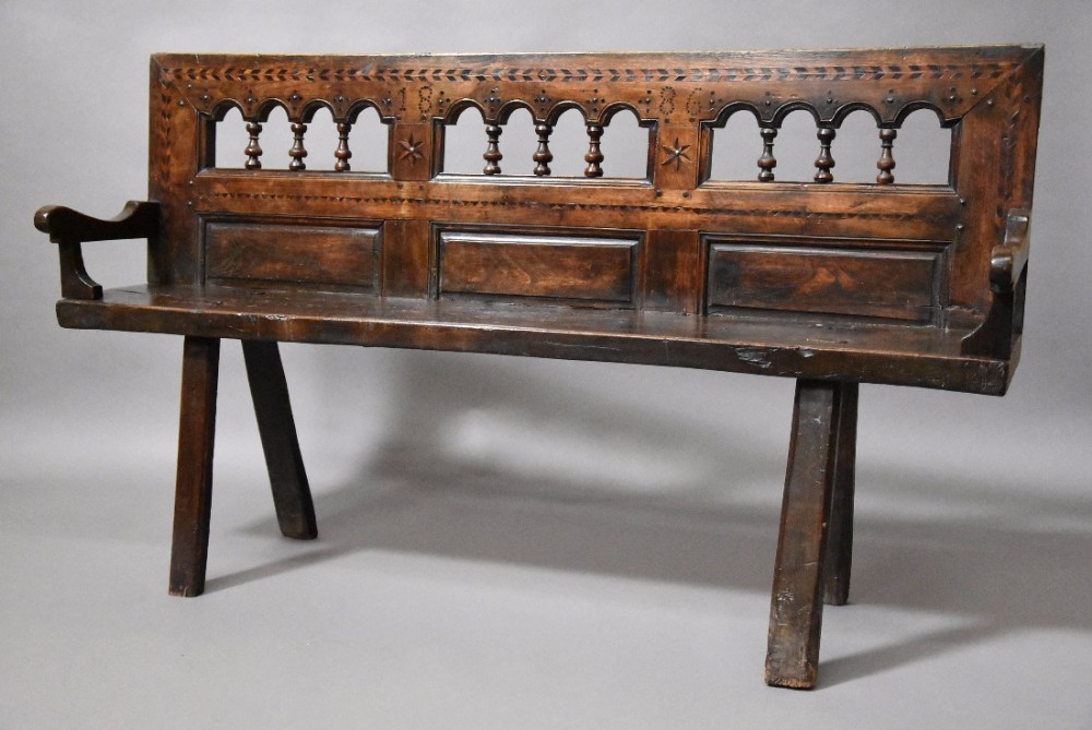 Late 19th century Breton walnut & elm bench of superb patina