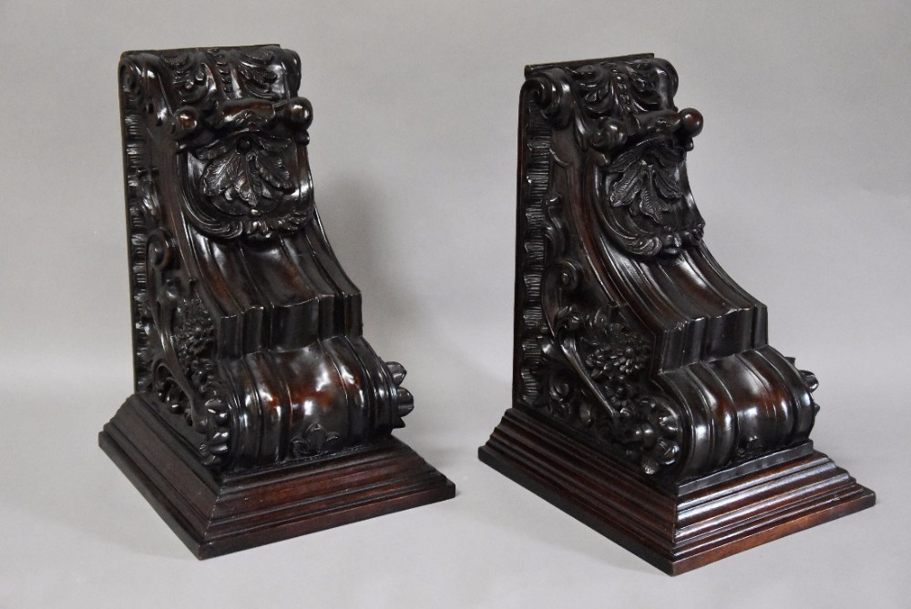 Large pair of 19th century decorative carved mahogany architectural brackets