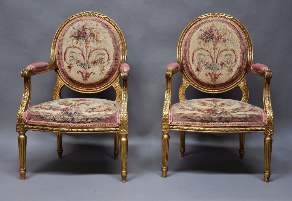 Pair of French 19thc Louis XVI style giltwood armchairs with original Aubusson tapestry 