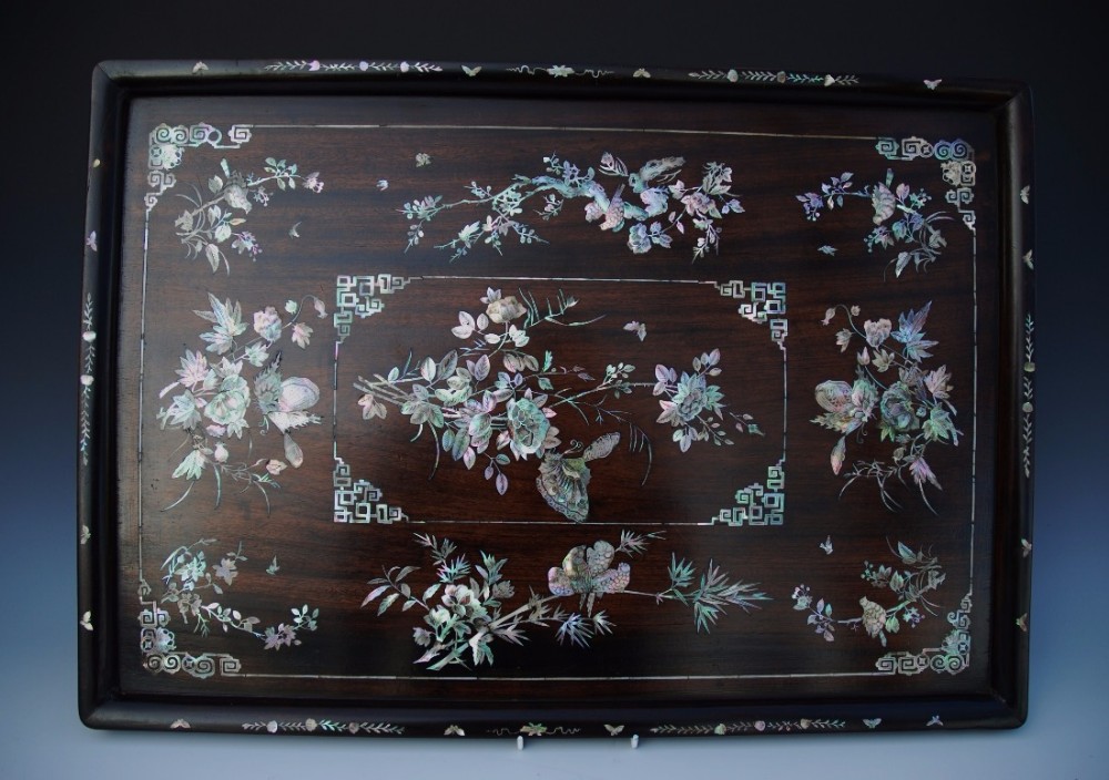 Superb quality 19th century Vietnamese hardwood inlaid tray