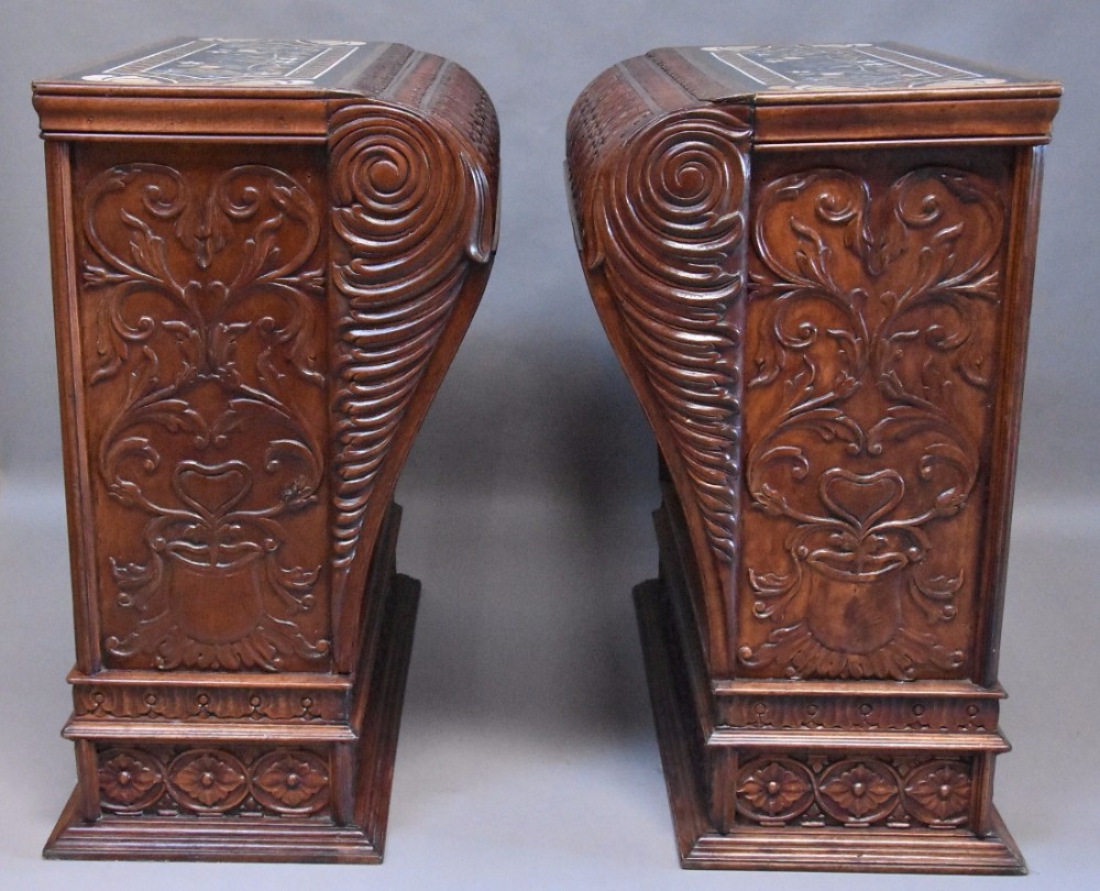 Large pair of late 19thc highly decorative walnut pedestals with Pietre Dure tops