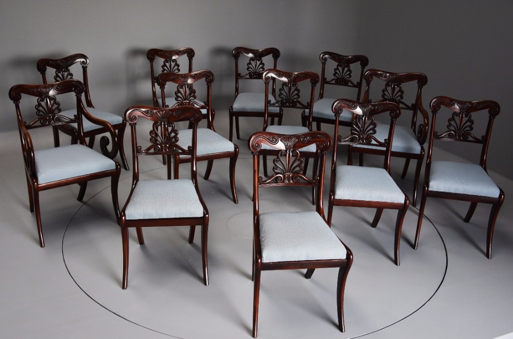 Exceptional set of twelve superb quality Cuban mahogany Regency dining chairs