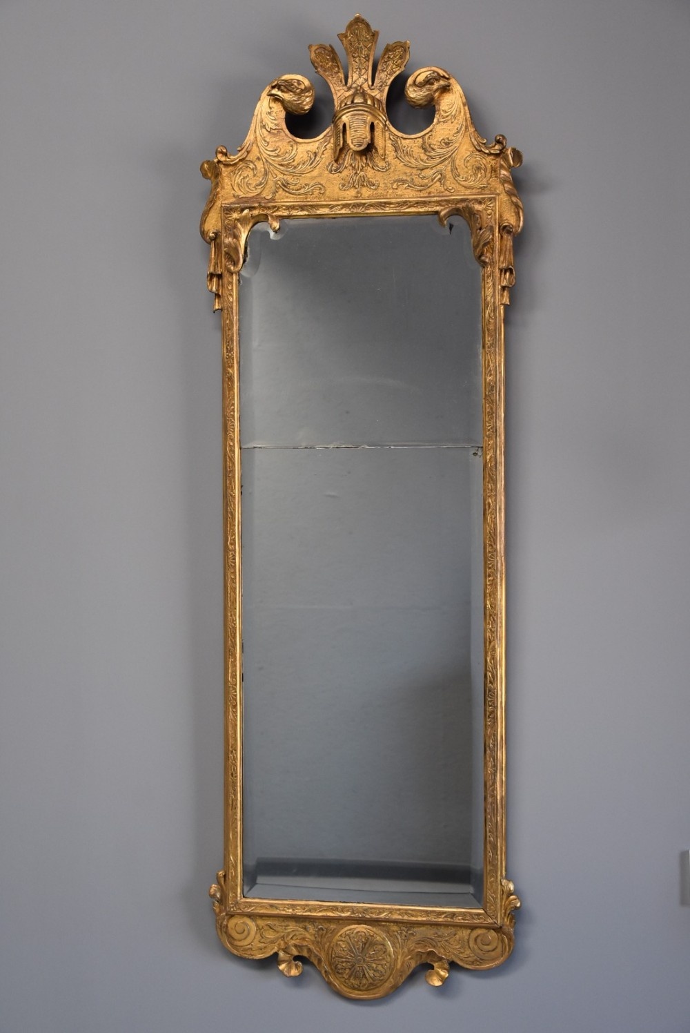 Large early 18thc rare George I giltwood & gesso pier mirror, in the manner of John Belchier