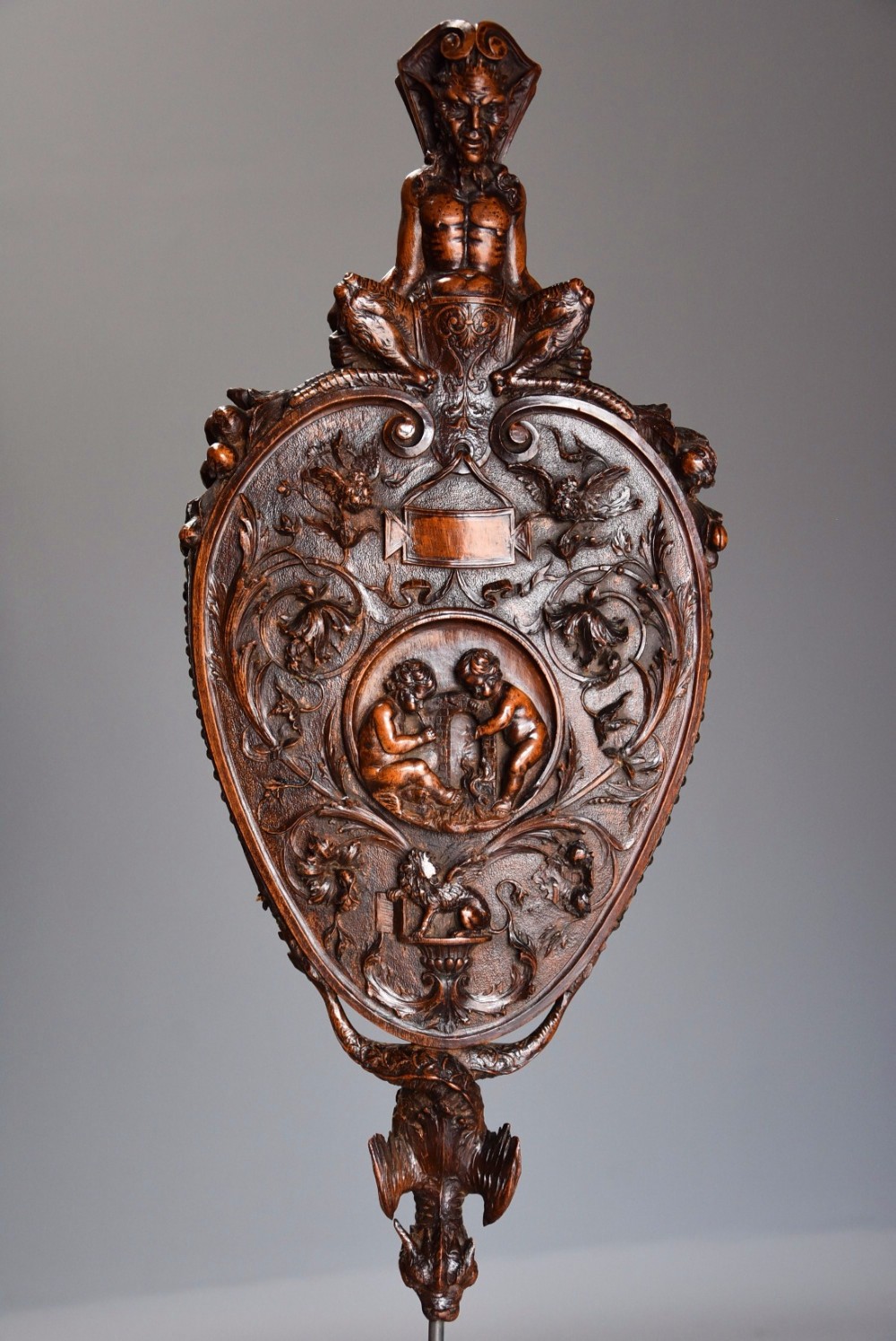 19thc exhibition quality set of Italian walnut fire bellows in the Renaissance style