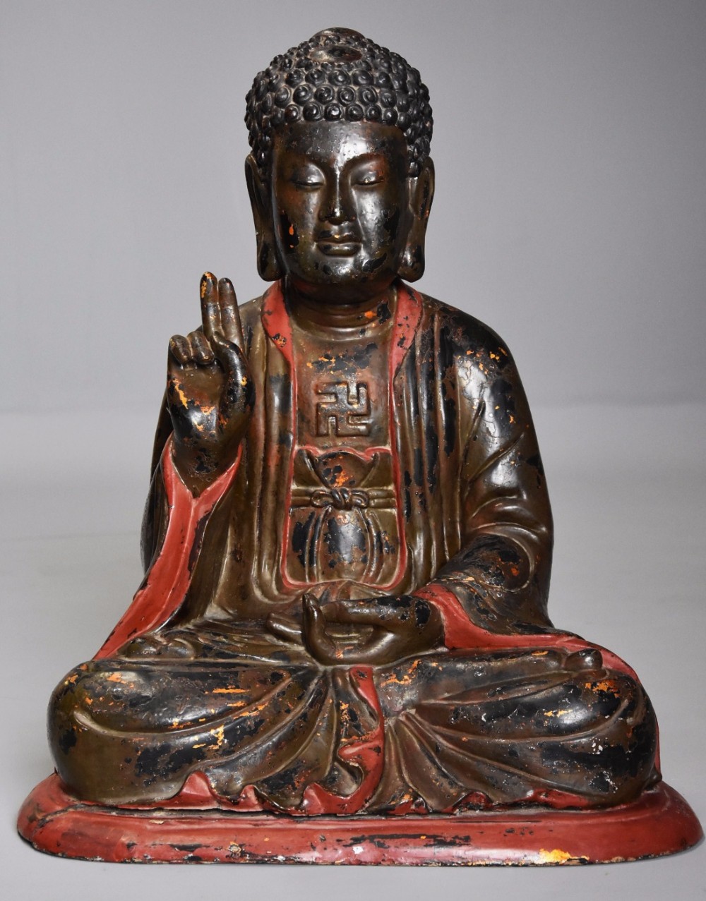 Highly decorative 19th century Vietnamese carved wooden & polychrome painted Buddha