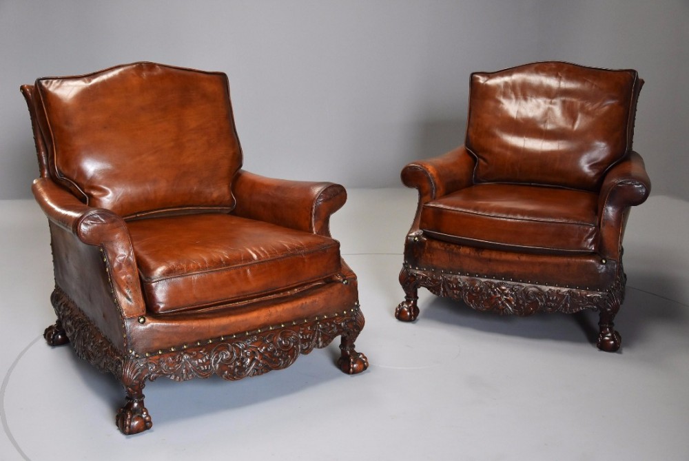 Superb pair of early 20th century mahogany framed leather armchairs