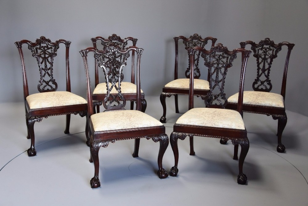 Early 20th century set of six mahogany ribbon back chairs in the Chippendale style
