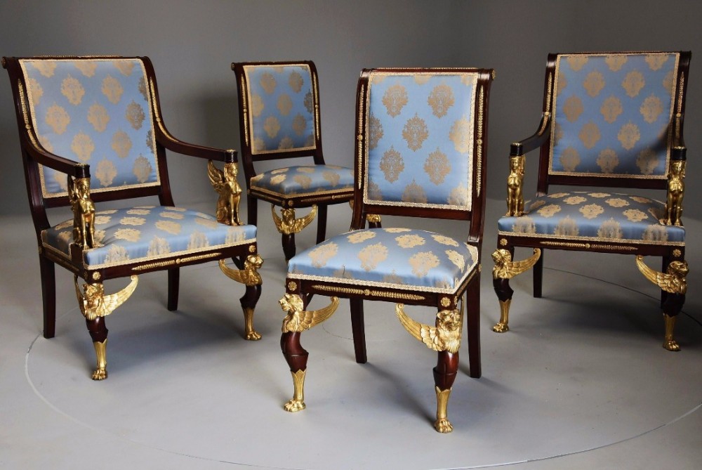 Late 19thc English set of four mahogany chairs in the French Empire style with superb ormolu mounts