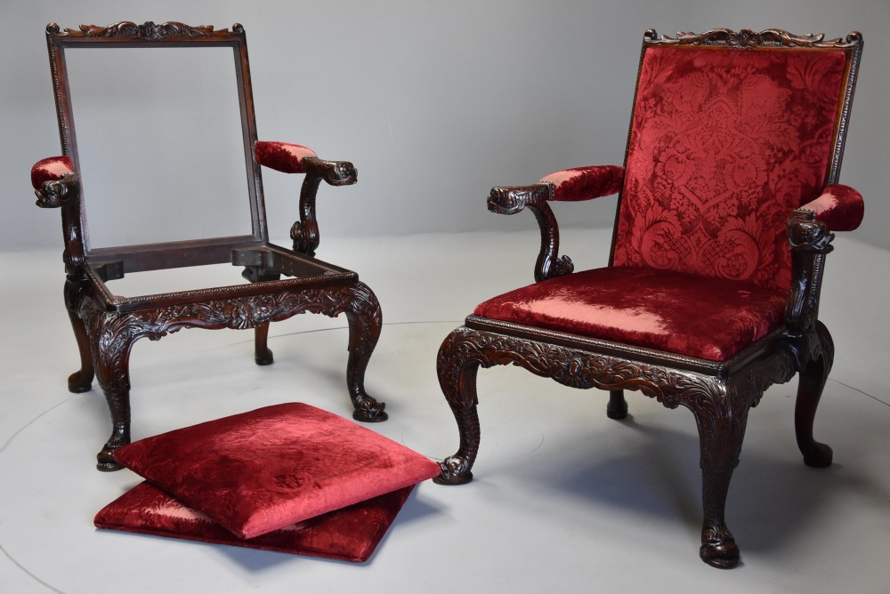 Exceptional pair of late 19th century George II style mahogany Gainsborough open armchairs View XII