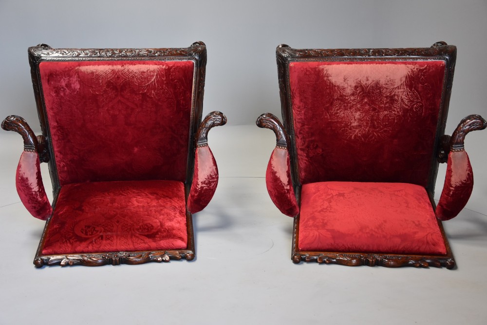 Exceptional pair of late 19th century George II style mahogany Gainsborough open armchairs View XIII