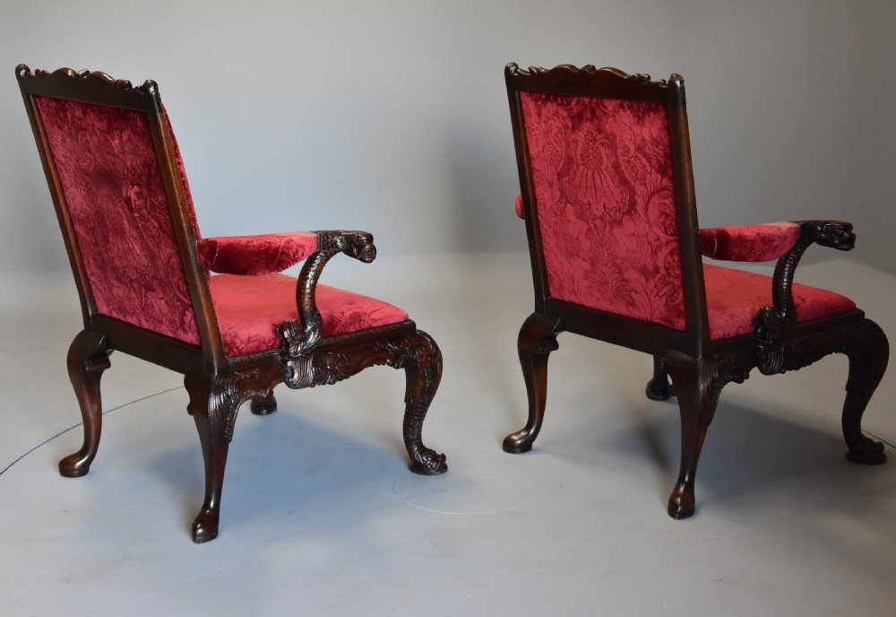 Exceptional pair of late 19th century George II style mahogany Gainsborough open armchairs View XV