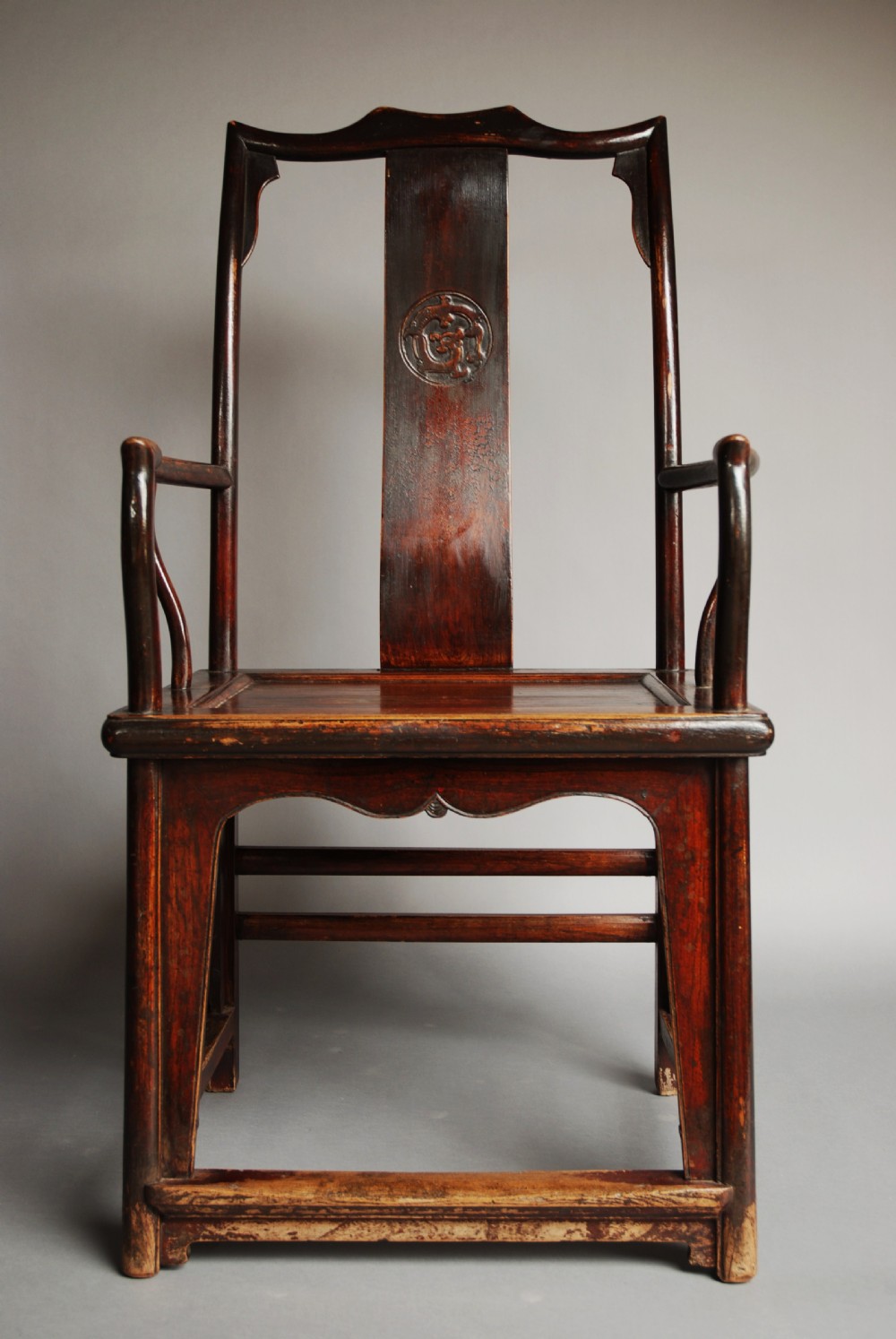 Pair of late 19th century Chinese yoke back elm armchairs of good patina View V