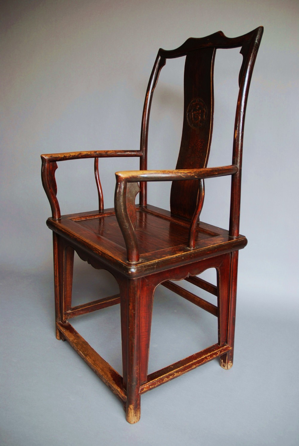 Pair of late 19th century Chinese yoke back elm armchairs of good patina View VI