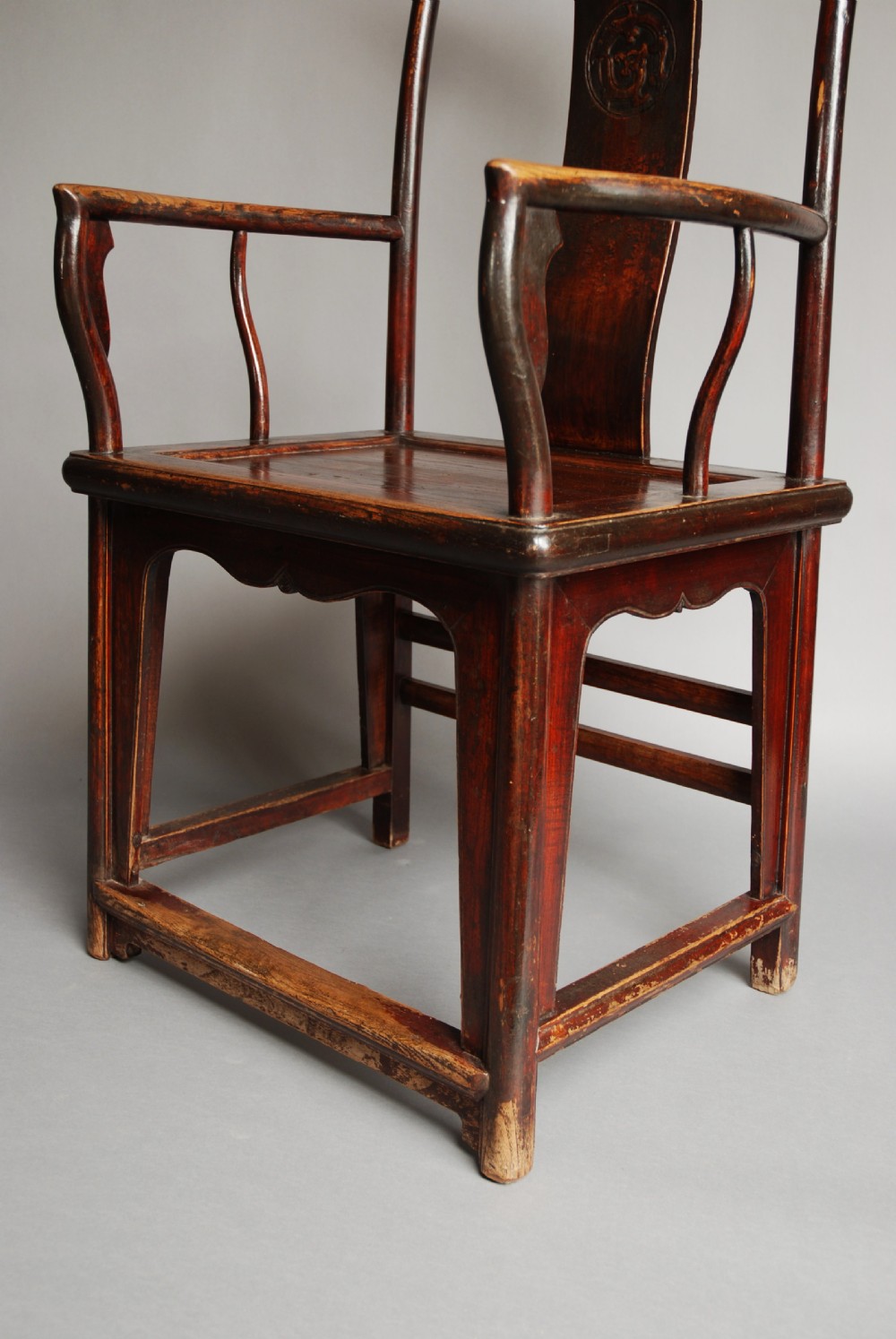 Pair of late 19th century Chinese yoke back elm armchairs of good patina View VII