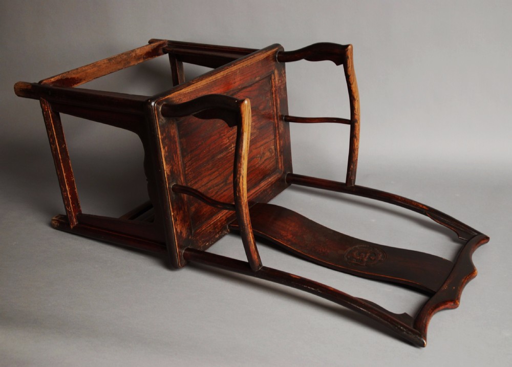 Pair of late 19th century Chinese yoke back elm armchairs of good patina View IX