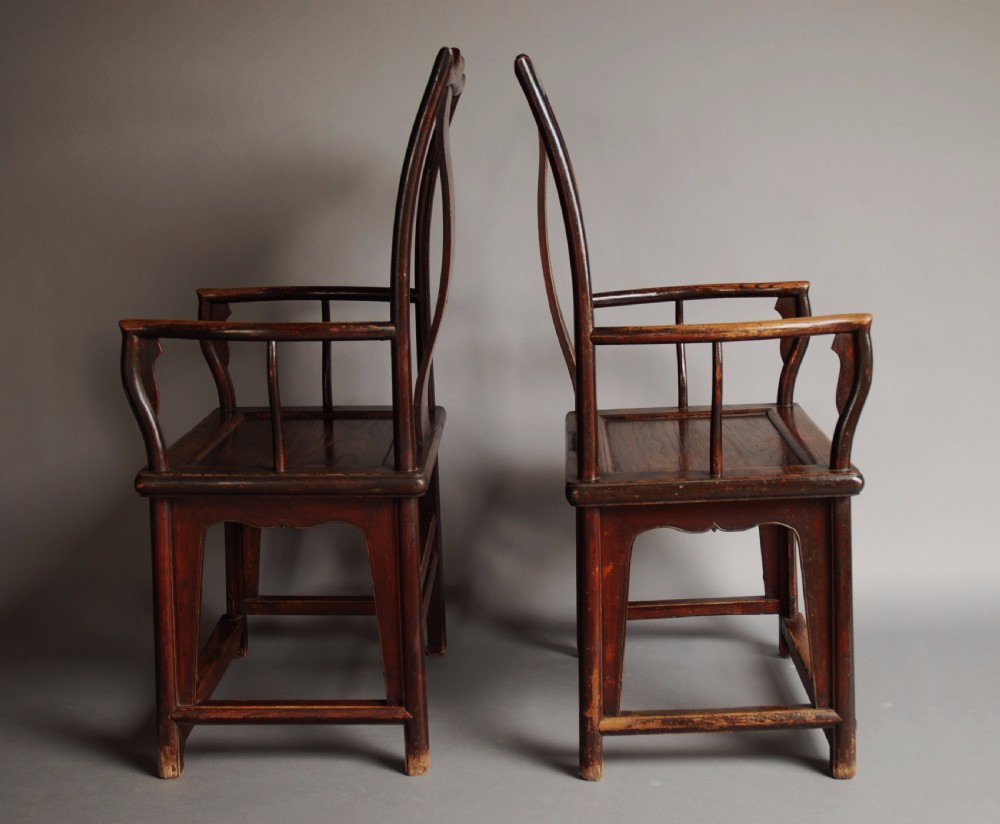 Pair of late 19th century Chinese yoke back elm armchairs of good patina View X