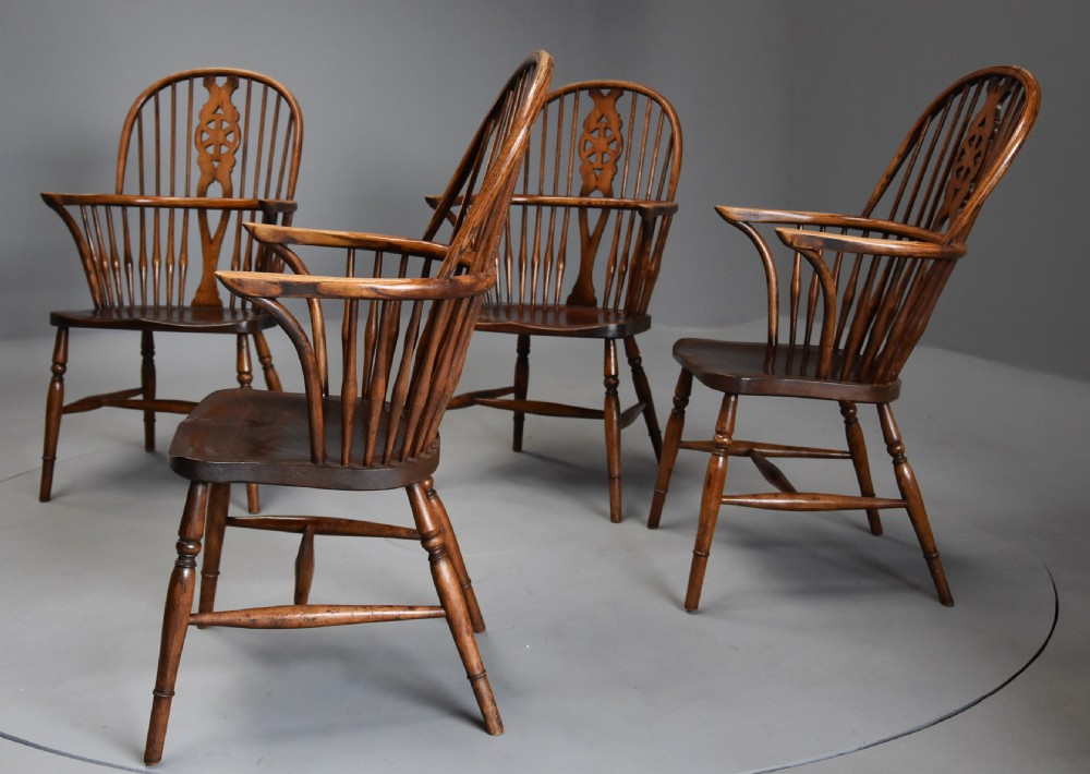 Set of four early 20th century ash and elm wheelback Windsor armchairs View IV