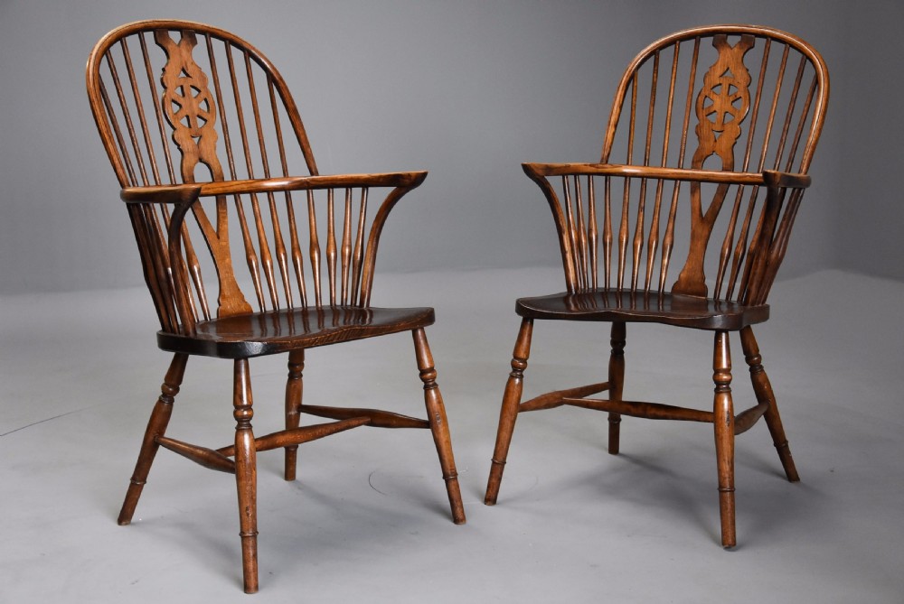Set of four early 20th century ash and elm wheelback Windsor armchairs View V