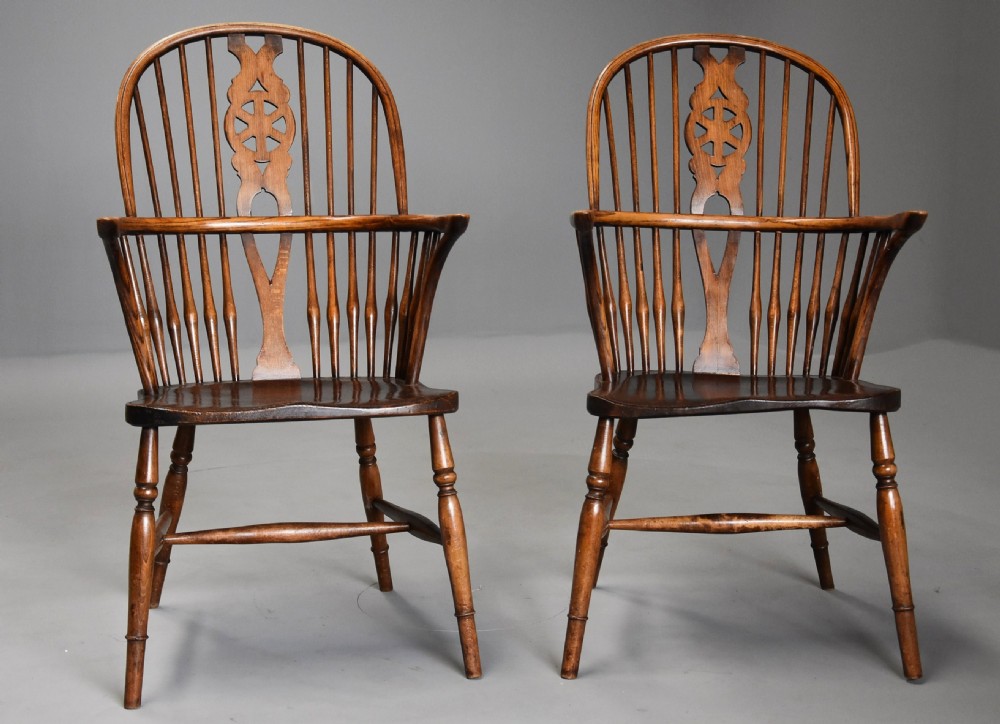 Set of four early 20th century ash and elm wheelback Windsor armchairs View VI