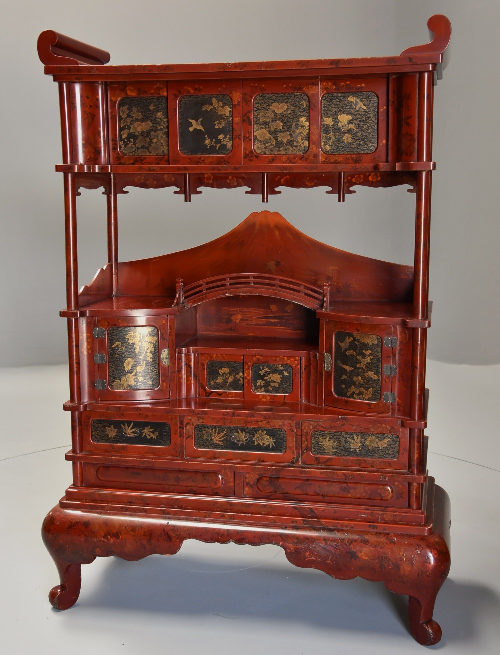 Early 20th century Japanese red lacquered shodana (cabinet)