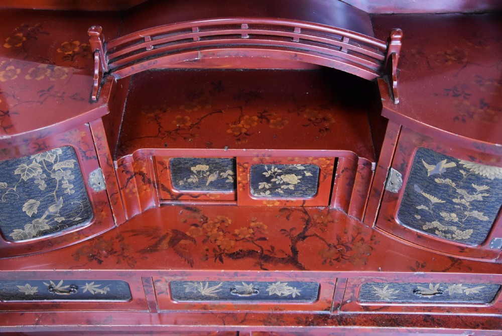Early 20th century Japanese red lacquered shodana (cabinet) View X