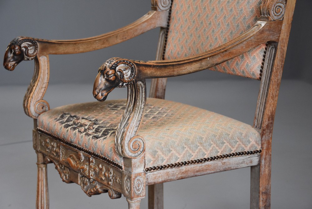 Late 19thc highly decorative French limed oak armchair in the Renaissance style View VI