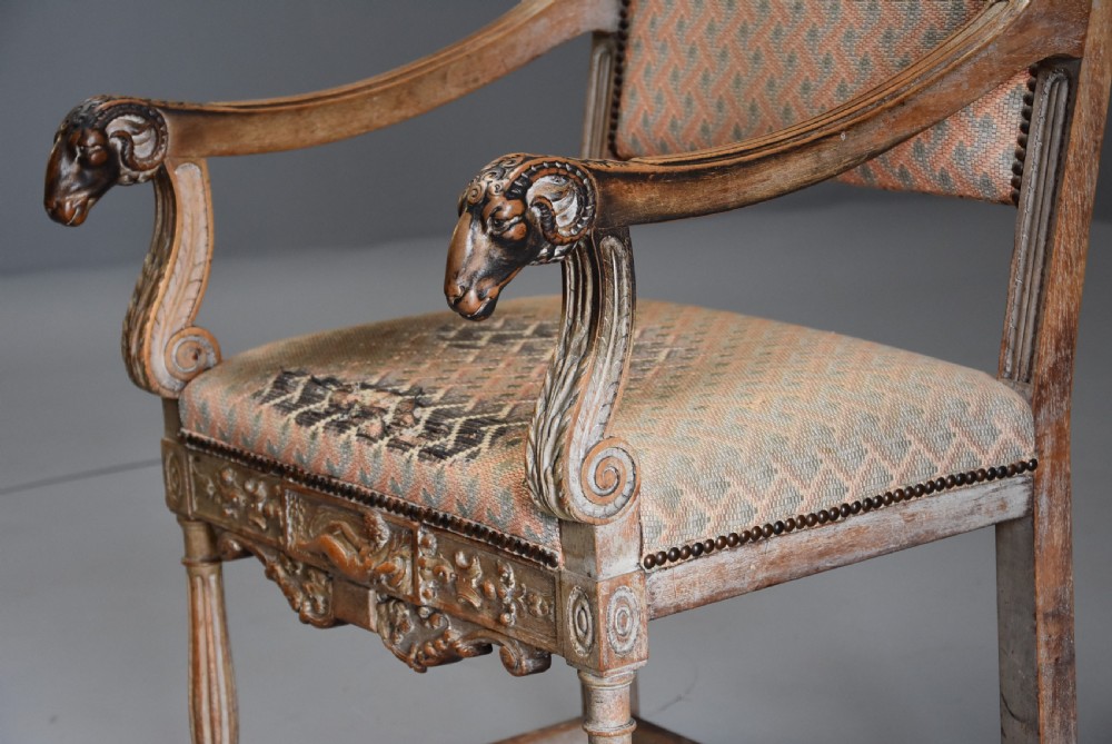 Late 19thc highly decorative French limed oak armchair in the Renaissance style View VII