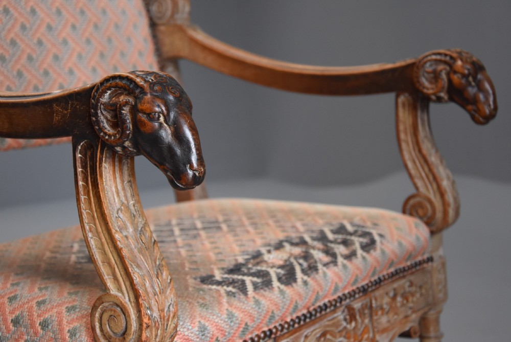 Late 19thc highly decorative French limed oak armchair in the Renaissance style View VIII