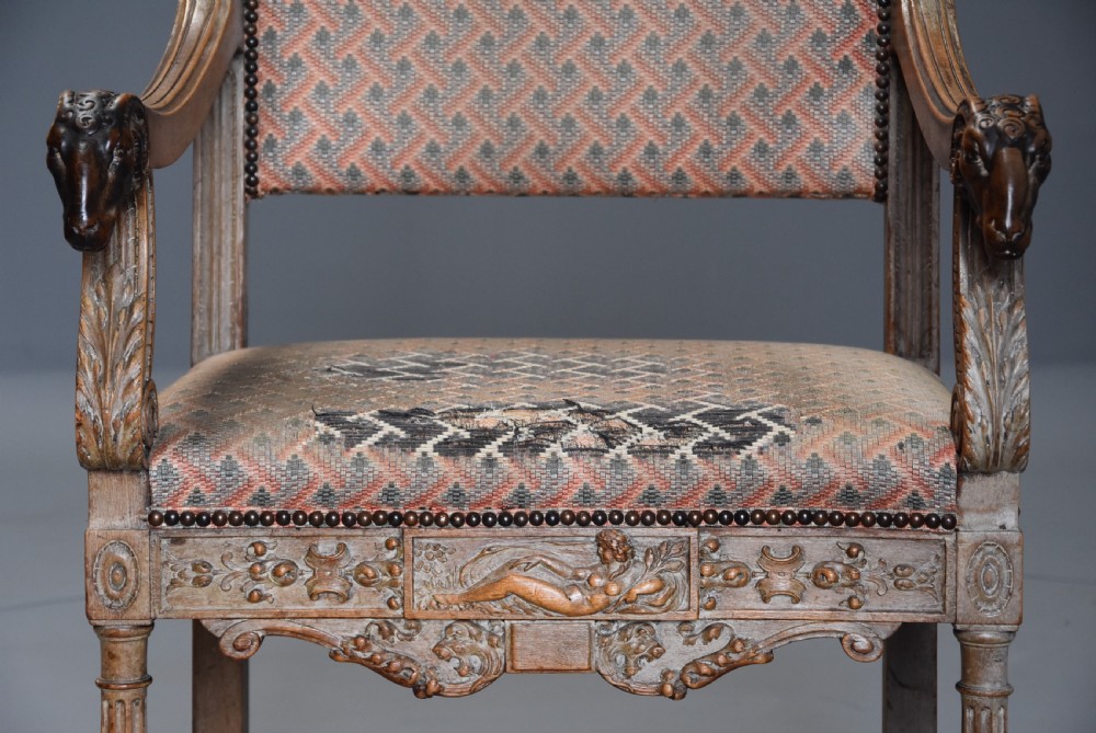 Late 19thc highly decorative French limed oak armchair in the Renaissance style View X